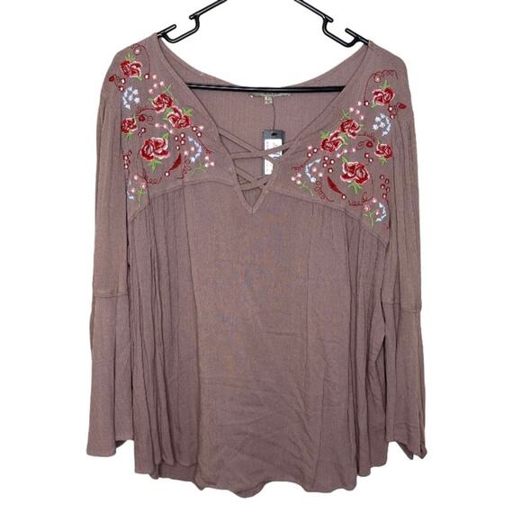 NWT Miss Me Dusty Mauve Pink Embroidered Floral Long Sleeve Blouse Size Small - Picture 1 of 9